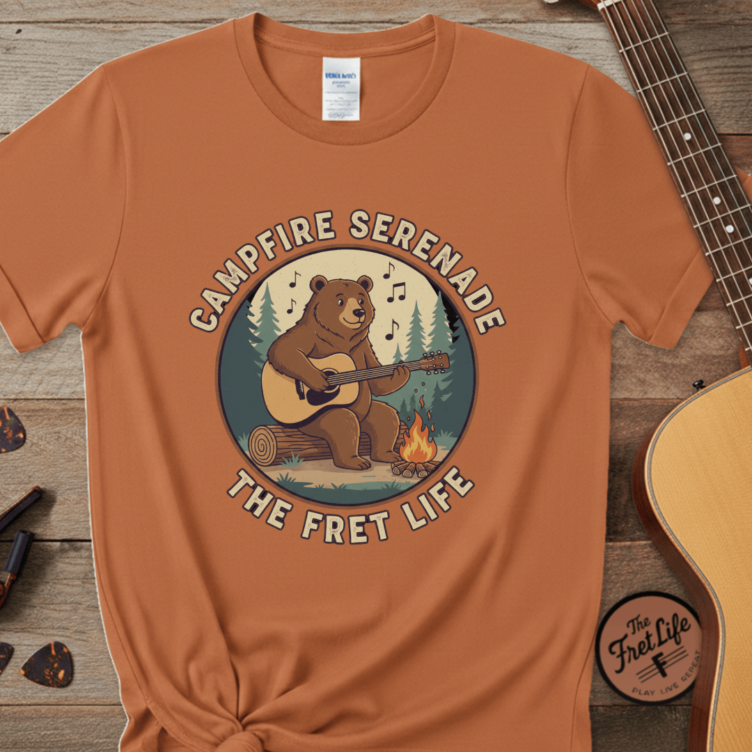 Printify T-Shirt Yam / S Campfire Serenade, Bear playing guitar design Garment-Dyed T-shirt