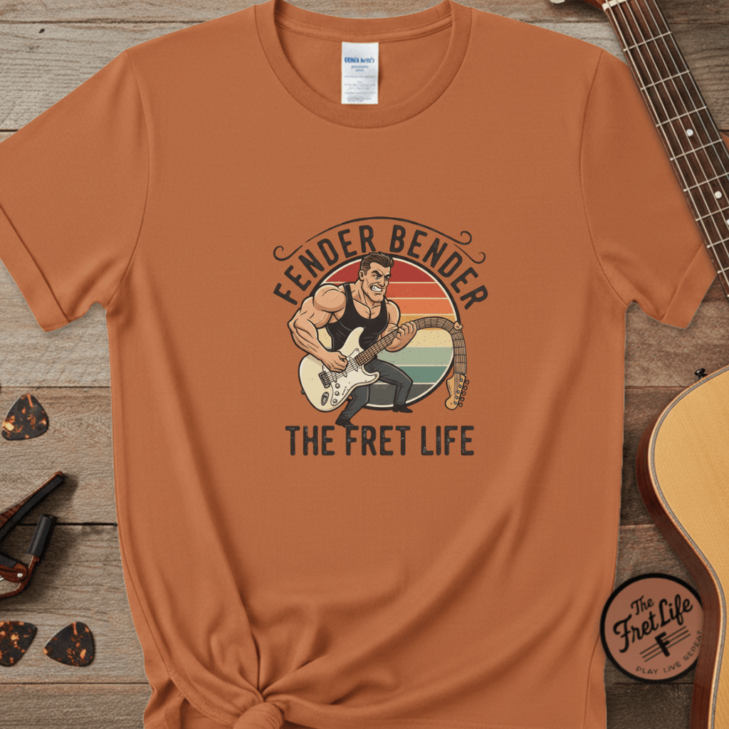 Printify T-Shirt Yam / S Fender Bender: The Fret Life T-Shirt (Vintage Rocker Edition)