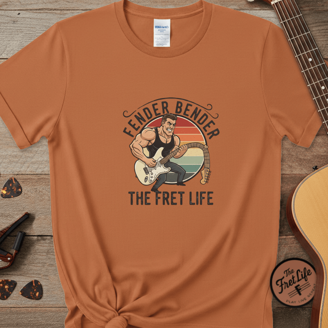 Printify T-Shirt Yam / S Fender Bender: The Fret Life T-Shirt (Vintage Rocker Edition)