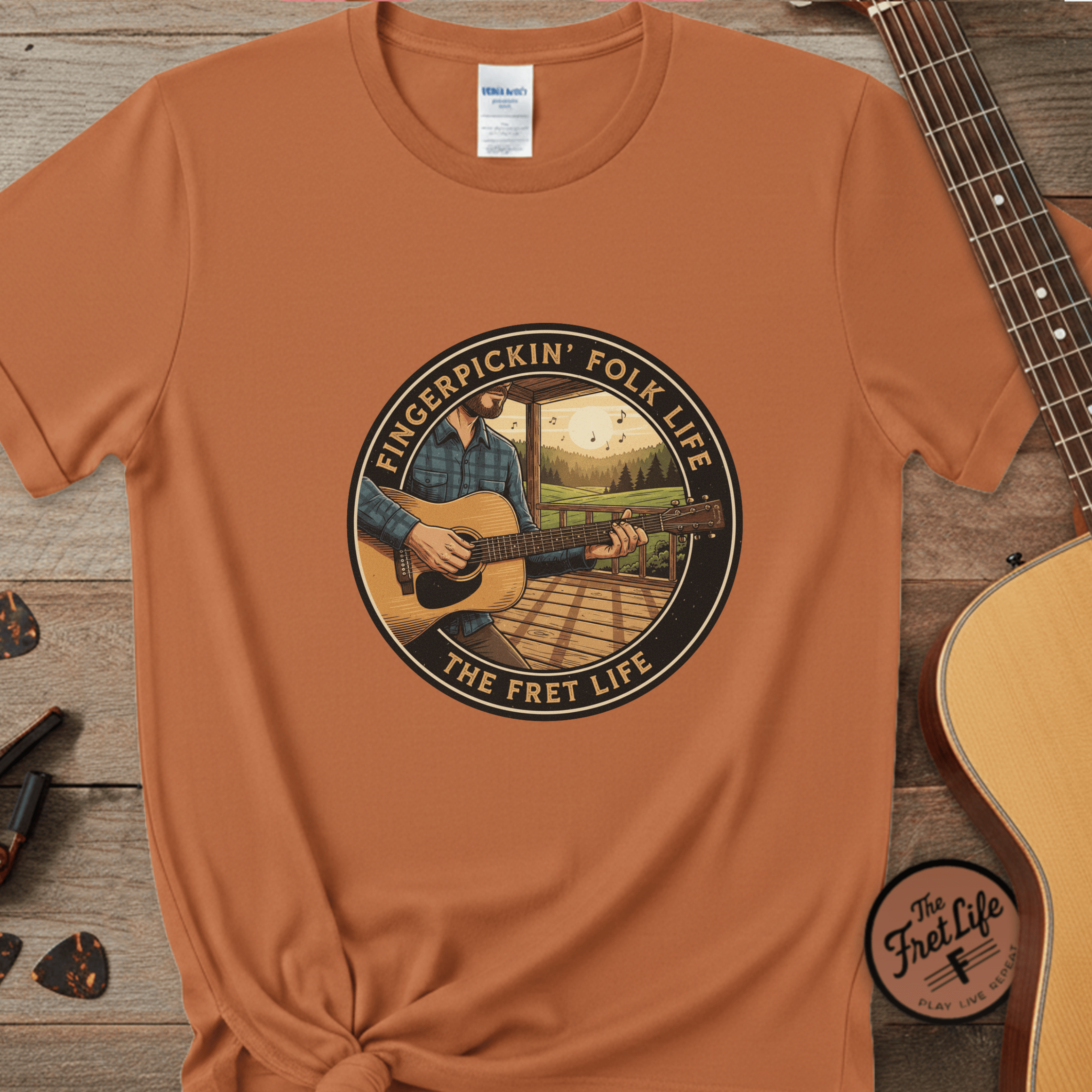 Printify T-Shirt Yam / S Fingerpickin' Folk Life: Porch & Sunset Acoustic Tee